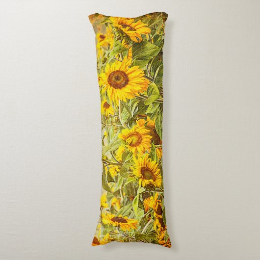 ひまわりフィールドイエローフローラヴィンテージアンティーク ボディピロー (正面縦)