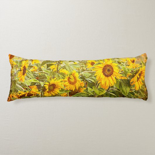 ひまわりフィールドイエローフローラヴィンテージアンティーク ボディピロー (正面)