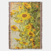 ひまわりフィールドグリーンイエローヴィンテージカントリーアート スローブランケット (正面縦)