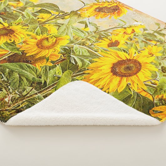 ひまわりフィールドヴィンテージグリーンイエローカントリーアート シェルパブランケット (3/4)