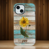 ひまわりフェイクの緑の風化木材イニシャル iPhone 15ケース