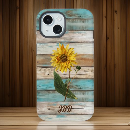 ひまわりフェイクの緑の風化木材イニシャル iPhone 15ケース