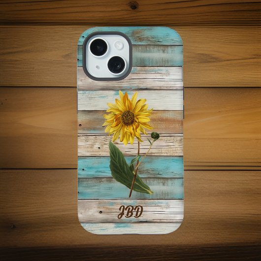 ひまわりフェイクの緑の風化木材イニシャル iPhone 15ケース
