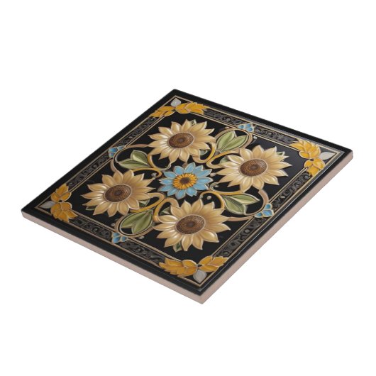 ひまわりフェイクレリーフ、 浮き彫りフォークアートイエローアンドブラック タイル (側面)