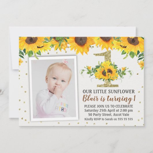ひまわりフォトファースト誕生日招待状ガール 招待状 (正面)
