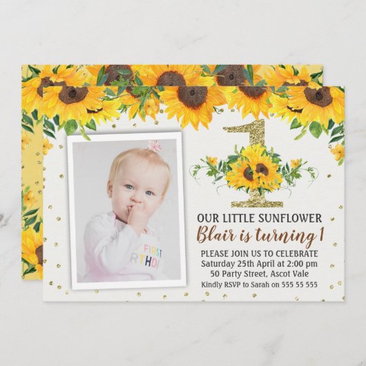ひまわりフォトファースト誕生日招待状ガール 招待状 (正面/裏面)