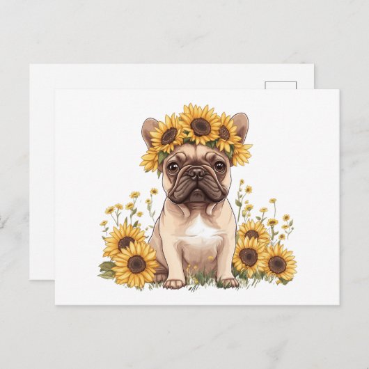 ひまわりフランスのに囲まれたブルドッグ シーズンポストカード (正面/裏面)