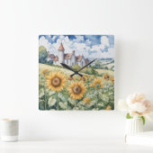 ひまわりフランスのの付いた田舎 スクエア壁時計 (ホーム)