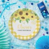 ひまわりフローラと格子柄サマーファースト誕生日 ペーパープレート (パーティー)