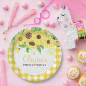 ひまわりフローラと格子柄サマーファースト誕生日 ペーパープレート (パーティー)