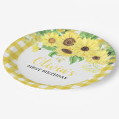 ひまわりフローラと格子柄サマーファースト誕生日 ペーパープレート (アングル)