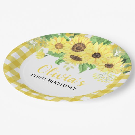 ひまわりフローラと格子柄サマーファースト誕生日 ペーパープレート (アングル)