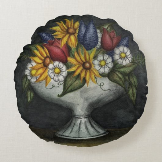 ひまわりフローラアンティークヴィンテージ装飾枕 ラウンドクッション (正面)