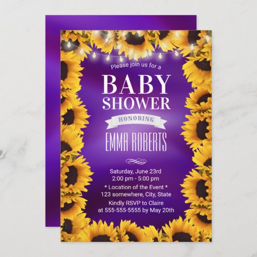 ひまわりフローラエレガント紫ベビーシャワー 招待状 (正面/裏面)