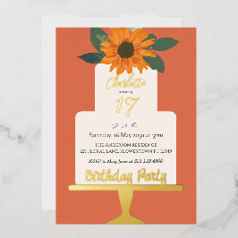 ひまわりフローラケーキ誕生日パーティー金ゴールド 箔招待状