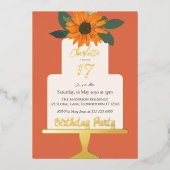 ひまわりフローラケーキ誕生日パーティー金ゴールド 箔招待状 (正面)