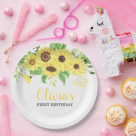 ひまわりフローラサマーファースト誕生日 ペーパープレート (パーティー)