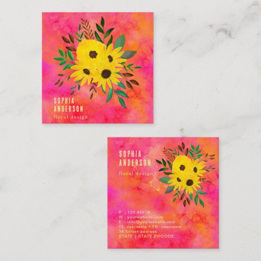 ひまわりフローラブーケ – ピンク水彩アート スクエア名刺 (正面/裏面)