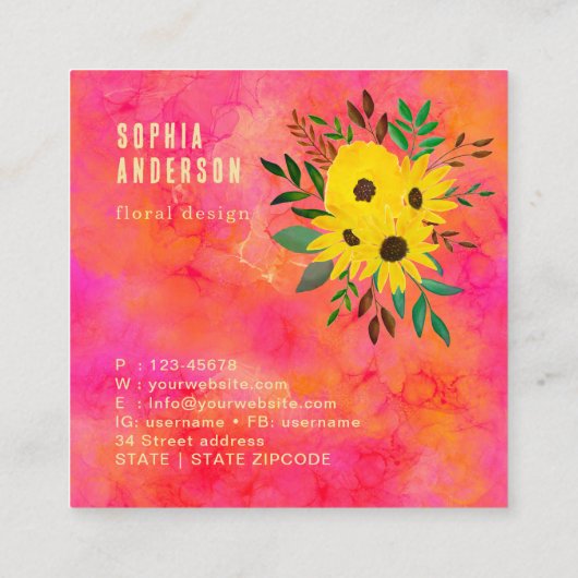 ひまわりフローラブーケ – ピンク水彩アート スクエア名刺 (裏面)
