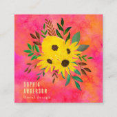 ひまわりフローラブーケ – ピンク水彩アート スクエア名刺 (正面)