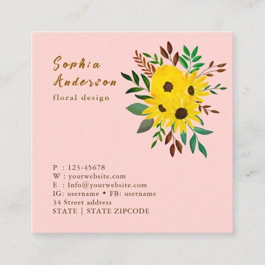 ひまわりフローラブーケ – Dusky Pink スクエア名刺 (裏面)