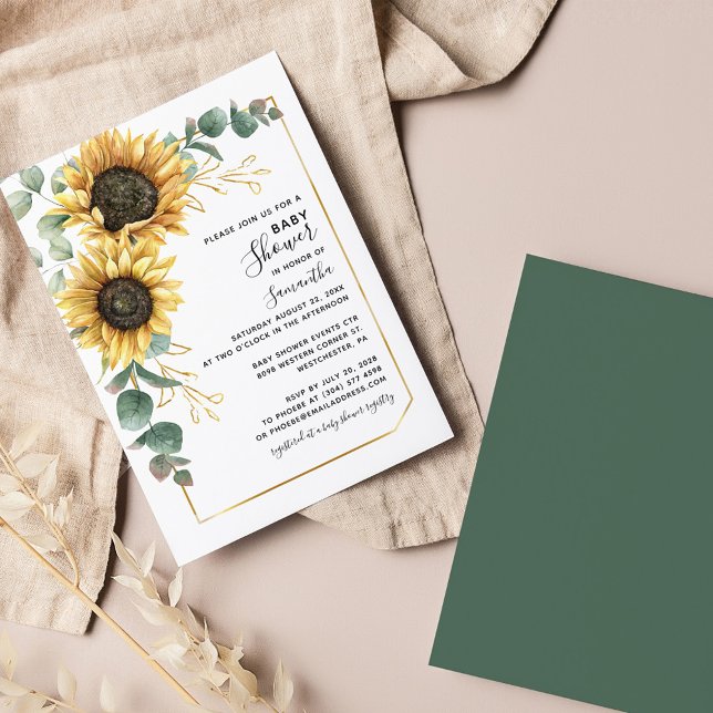 ひまわりフローラベビーシャワー招待状 (Sunflower Greenery Foliage Baby Shower Invitation)