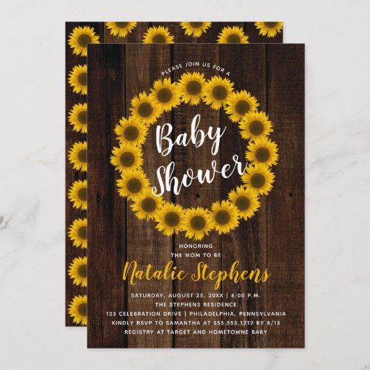 ひまわりフローラリースウッドベビーシャワー招待状 招待状 (正面/裏面)