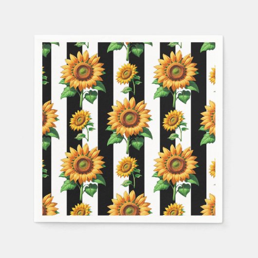 ひまわりフローラ白黒ストライプ スタンダードカクテルナプキン (正面)