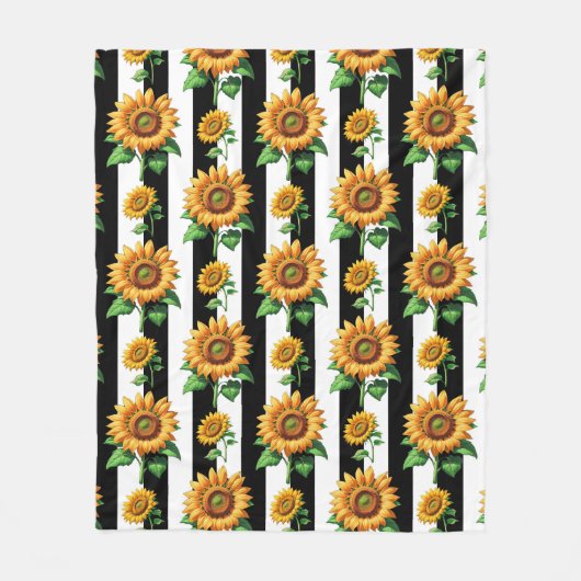 ひまわりフローラ白黒ストライプ フリースブランケット (正面)