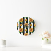 ひまわりフローラ白黒ストライプ ラウンド壁時計 (ホーム)