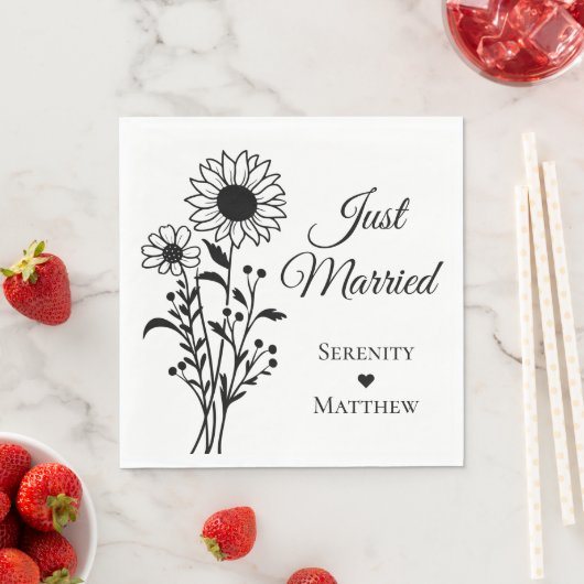 ひまわりフローラ白黒結婚たった今結婚しました スタンダードランチョンナプキン (インサイチュ)