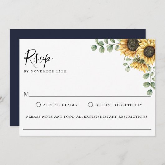 ひまわりフローラ結婚の食物アレルギーRSVPカード 招待状 (正面/裏面)
