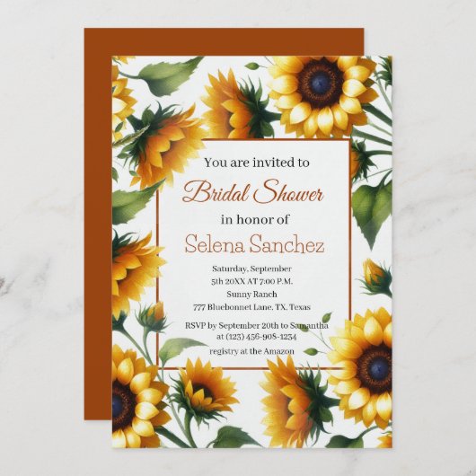 ひまわりフローラ花嫁のためのブライダルシャワー 招待状 (正面/裏面)