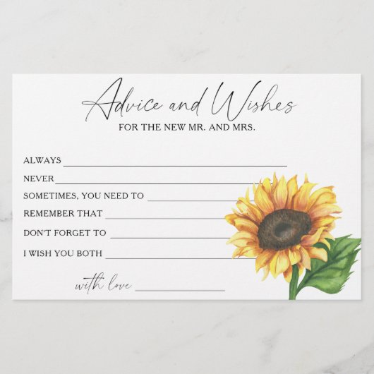 ひまわりブライダルシャワーアドバイスとウィッシュ 便箋 (正面)