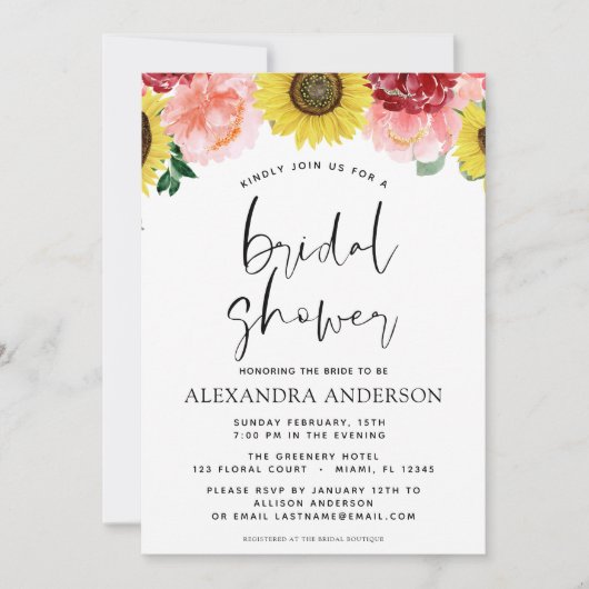 ひまわりブライダルシャワーフローラ赤面ピンク 招待状 (正面)