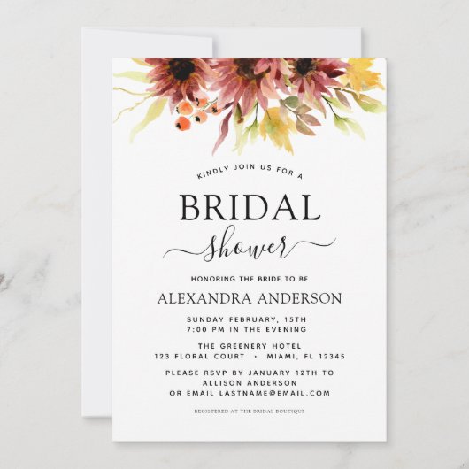 ひまわりブライダルシャワーブルゴーニュフローラ水彩 招待状 (正面)
