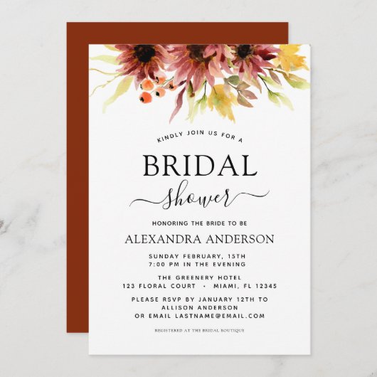 ひまわりブライダルシャワーブルゴーニュフローラ水彩 招待状 (正面/裏面)