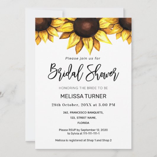 ひまわりブライダルシャワーホワイトイエローフローラ招待状 案内状 (正面)