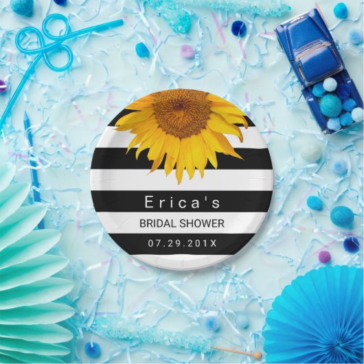ひまわりブライダルシャワーモダン白黒ストライプ ペーパープレート (パーティー)