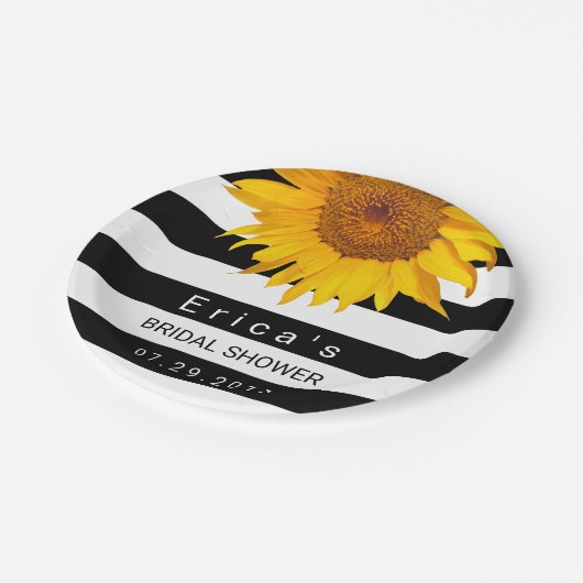 ひまわりブライダルシャワーモダン白黒ストライプ ペーパープレート (アングル)