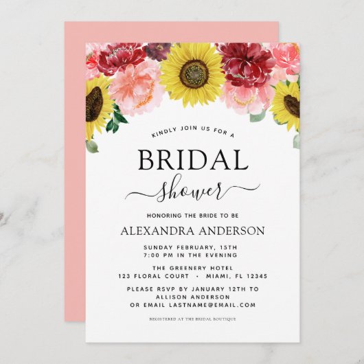 ひまわりブライダルシャワー赤面ピンクフローラ 招待状 (正面/裏面)