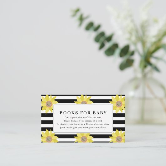 ひまわりブラックストライプ赤ちゃんシャワーブックリクエスト エンクロージャーカード (スタンド正面)