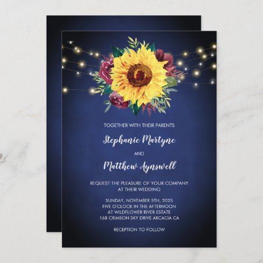 ひまわりブルゴーニュバラライトネイビー結婚ブルー 招待状 (正面/裏面)
