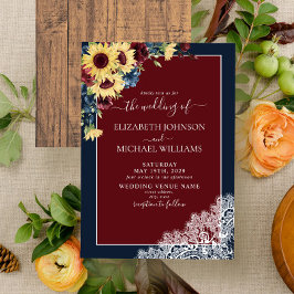 ひまわりブルゴーニュ海軍ブルーウッドスクリプ結婚ト 招待状