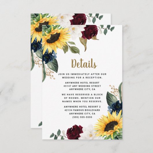 ひまわりブルゴーニュ赤とネイビーブルーのバラ結婚ズ エンクロージャーカード (正面/裏面)