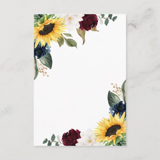 ひまわりブルゴーニュ赤とネイビーブルーのバラ結婚ズ エンクロージャーカード (裏面)