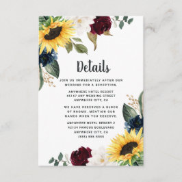 ひまわりブルゴーニュ赤とネイビーブルーのバラ結婚ズ エンクロージャーカード