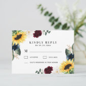 ひまわりブルゴーニュ赤とネイビーブルーのバラ結婚ズ 出欠カード (スタンド正面)