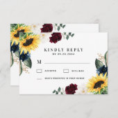ひまわりブルゴーニュ赤とネイビーブルーのバラ結婚ズ 出欠カード (正面/裏面)