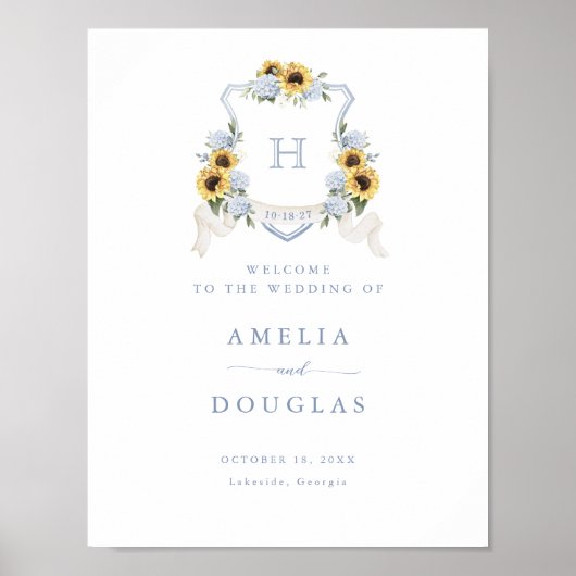 ひまわりブルーアジサイのクレストウェルカムサイン ポスター (正面)